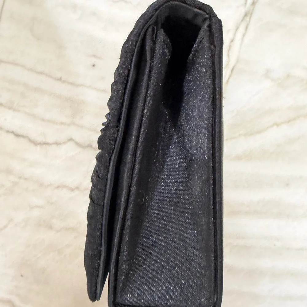Black Pleated Evening Clutch with Gold Gem Detail